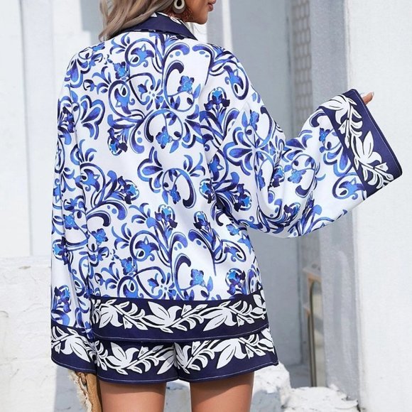 Blue Preppy Womens Floral Print Drop Shoulder Shirt & Shorts - Picture 3 of 5